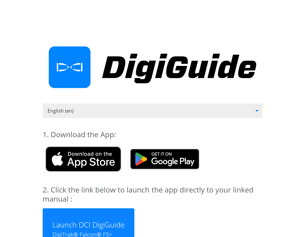 Download screen with App Store and Google Play badges and a launch link