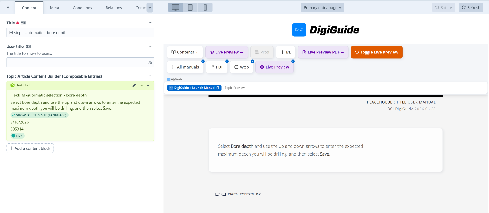 Content editor with live preview tabs for web, PDF, and mobile