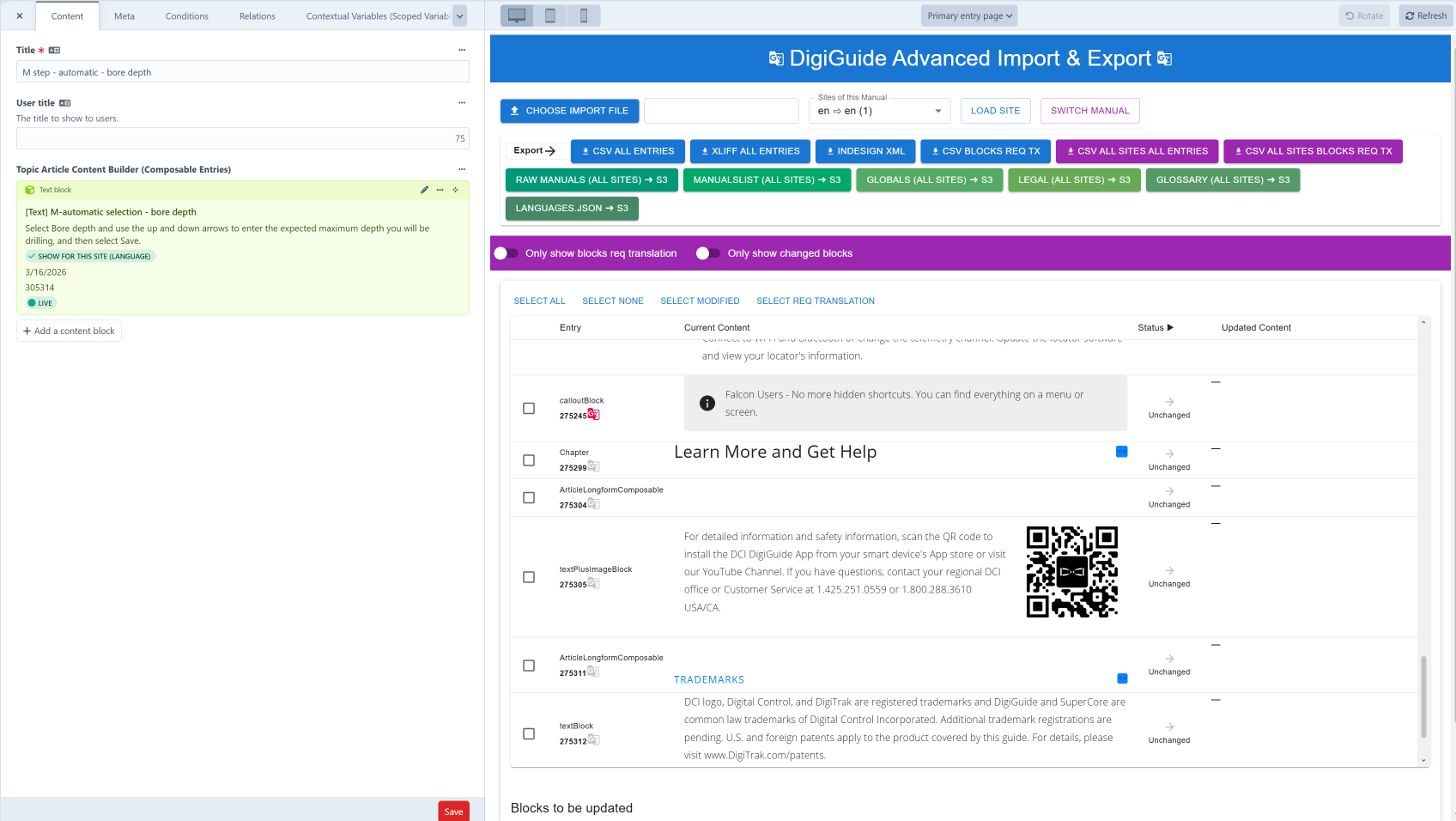 Advanced Import and Export panel with block selection by language and modified status