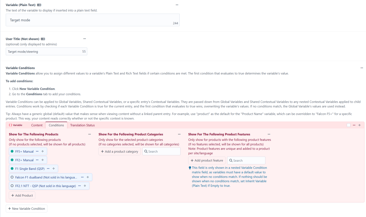 Variable Conditions panel showing rules by product, category, and feature